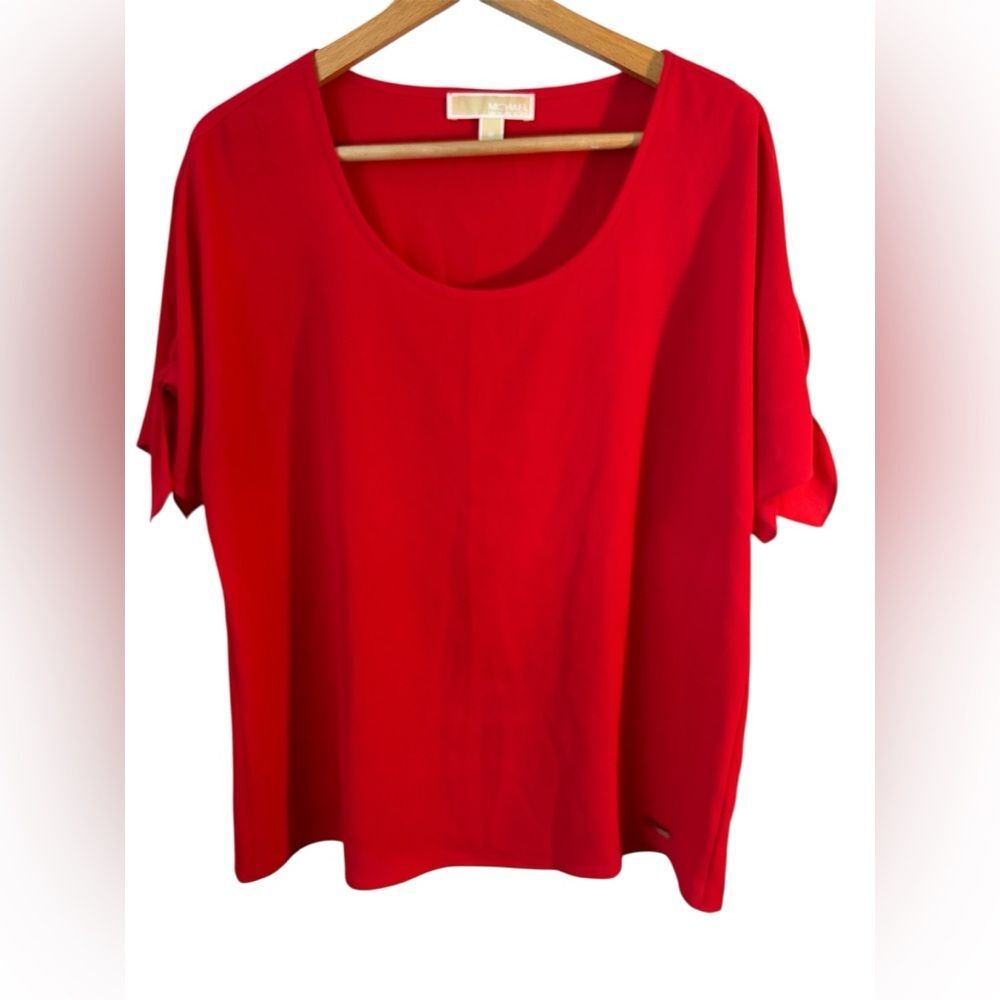 Michael Kors red blouse open sleeve bow tie size M Career office siren